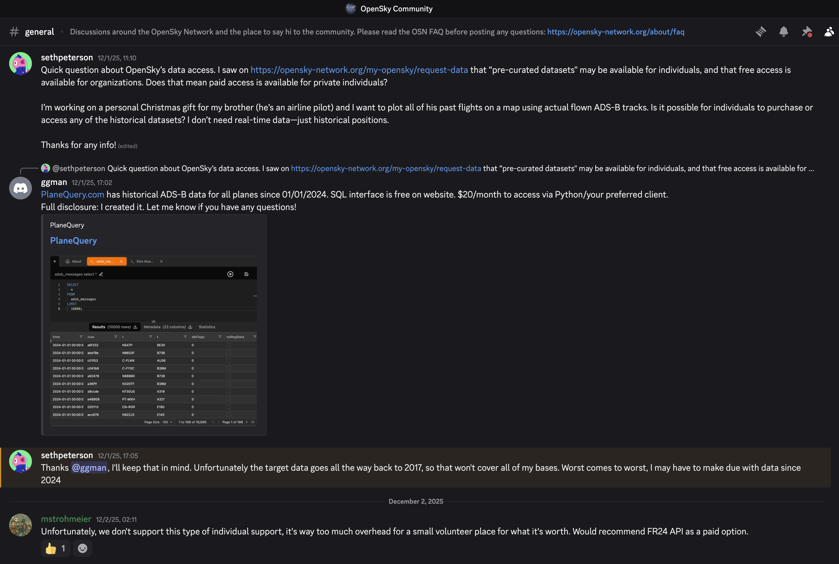 Screenshot of first post to OpenSky
